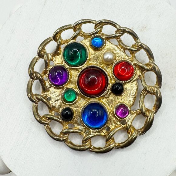 Colorful Cabochon Brooch Moghul Style Large Chain Edge Statement Pin - Picture 1 of 9
